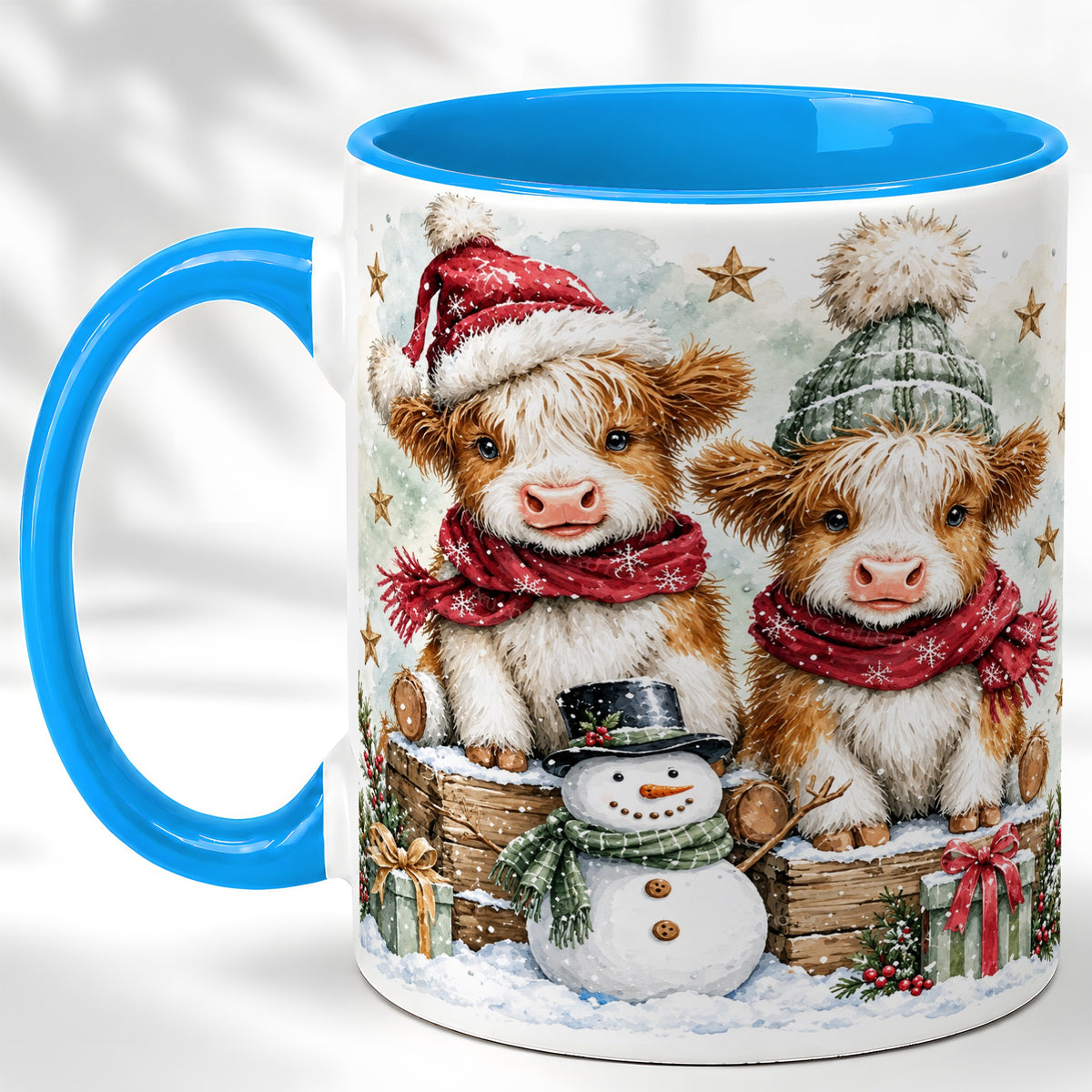 #pl[11oz|Blue] Christmas Highland Cow Coffee Mug, Winter Cow Mug, Ceramic Cup