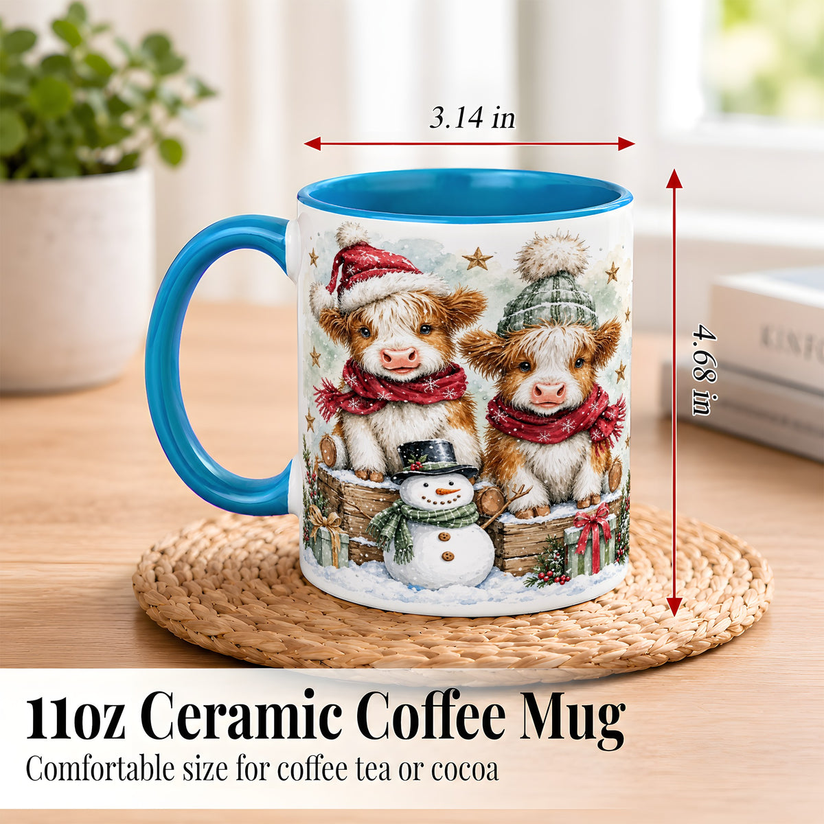 #pl[11oz|Blue] Christmas Highland Cow Coffee Mug, Winter Cow Mug, Ceramic Cup