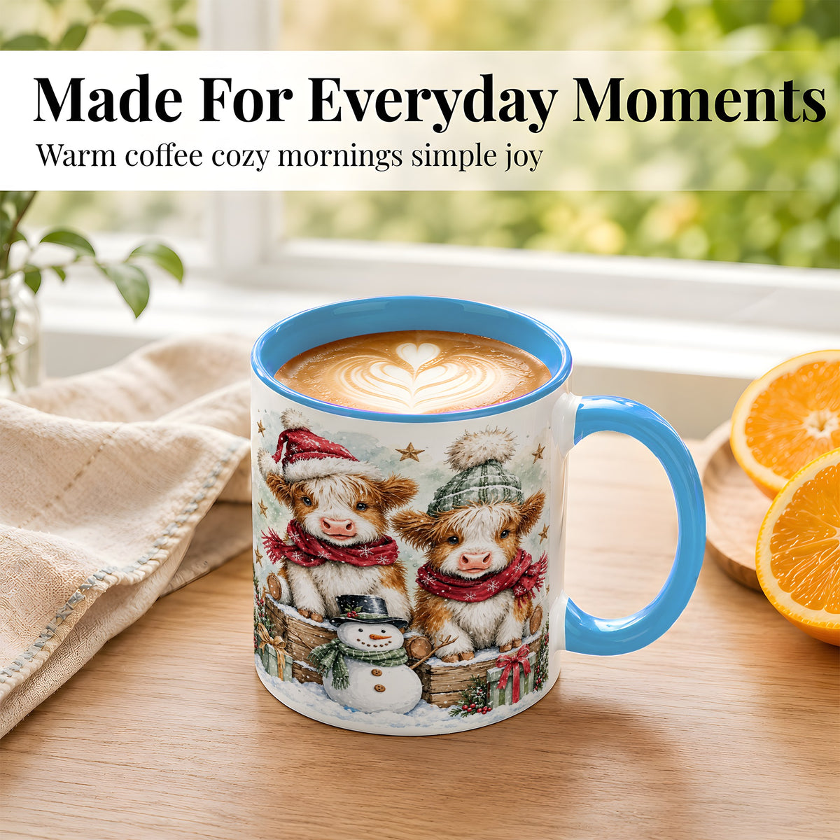 #pl[11oz|Blue] Christmas Highland Cow Coffee Mug, Winter Cow Mug, Ceramic Cup