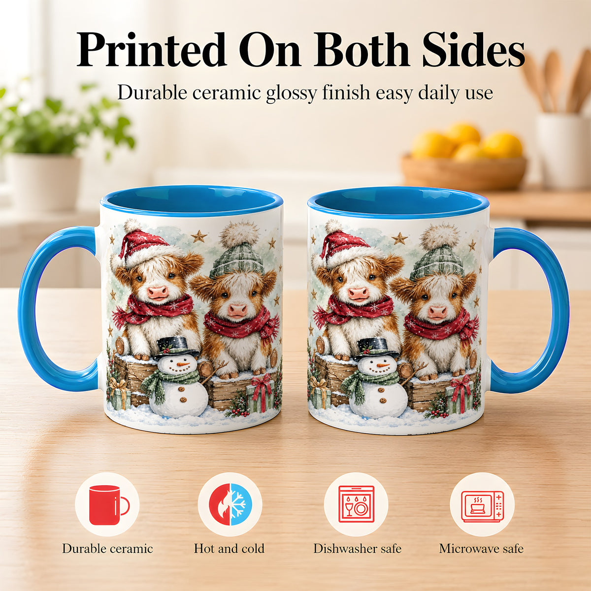 #pl[11oz|Blue] Christmas Highland Cow Coffee Mug, Winter Cow Mug, Ceramic Cup