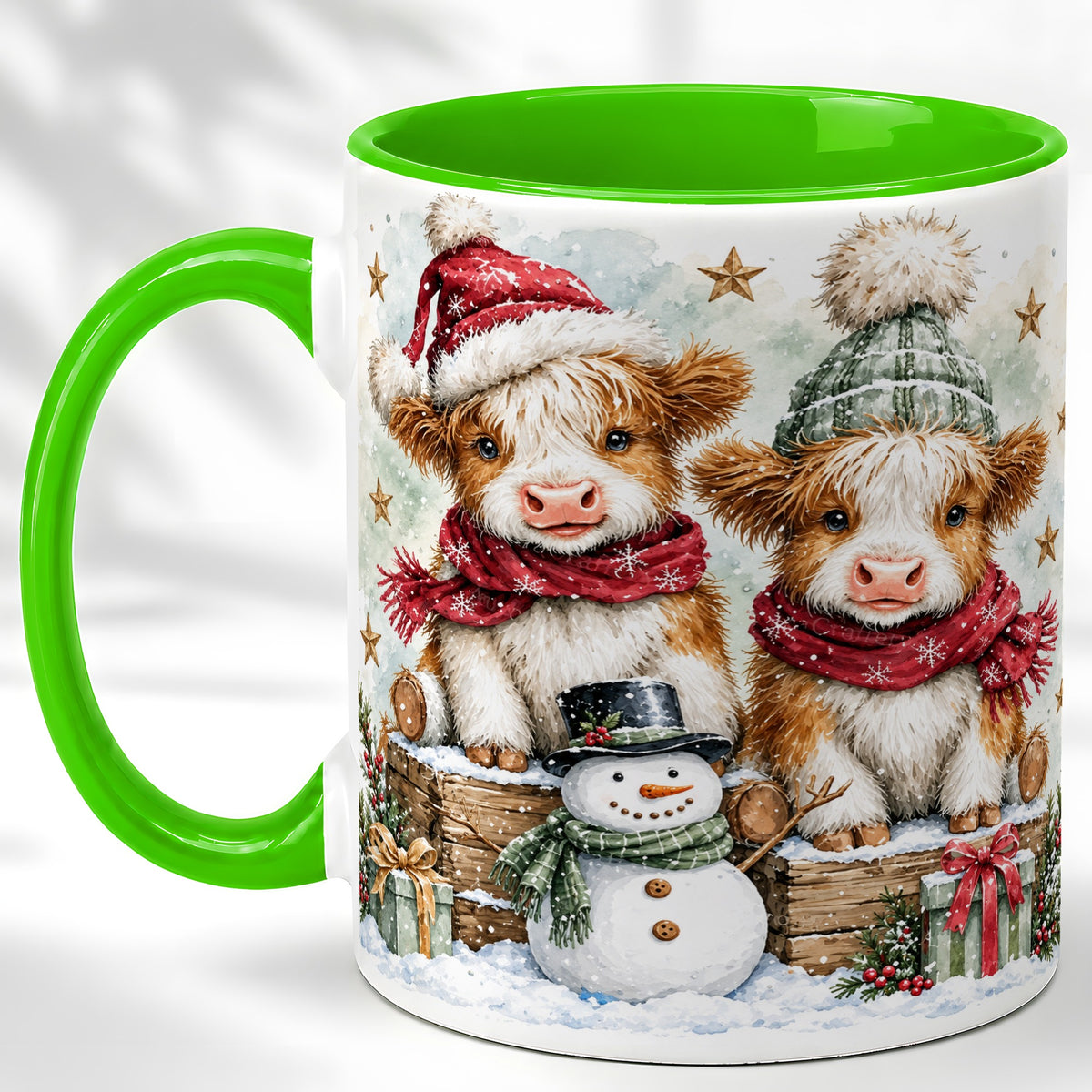 #pl[11oz|Green] Christmas Highland Cow Coffee Mug, Winter Cow Mug, Ceramic Cup