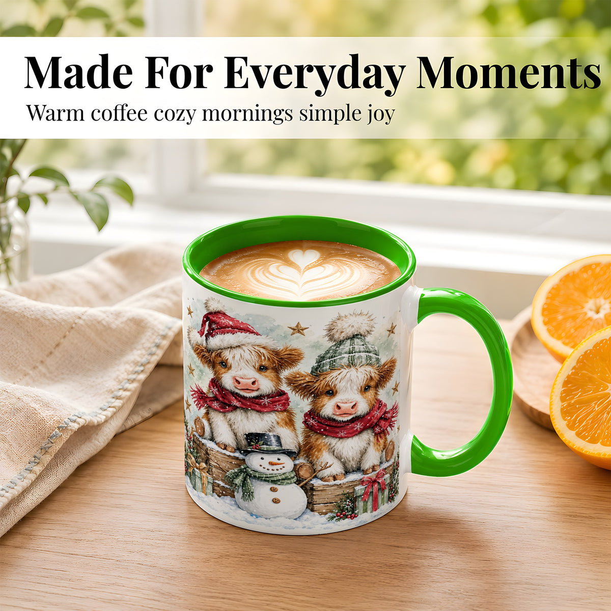 #pl[11oz|Green] Christmas Highland Cow Coffee Mug, Winter Cow Mug, Ceramic Cup