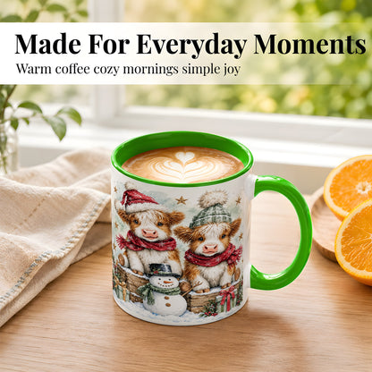 #pl[11oz|Green] Christmas Highland Cow Coffee Mug, Winter Cow Mug, Ceramic Cup
