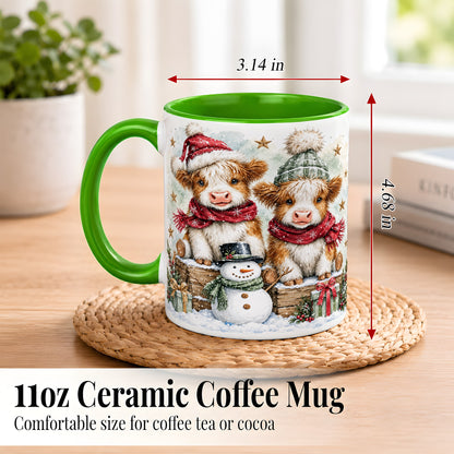 #pl[11oz|Green] Christmas Highland Cow Coffee Mug, Winter Cow Mug, Ceramic Cup