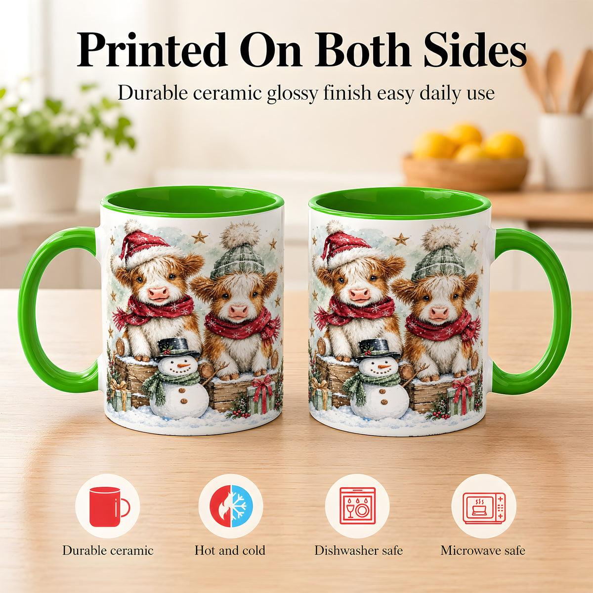 #pl[11oz|Green] Christmas Highland Cow Coffee Mug, Winter Cow Mug, Ceramic Cup
