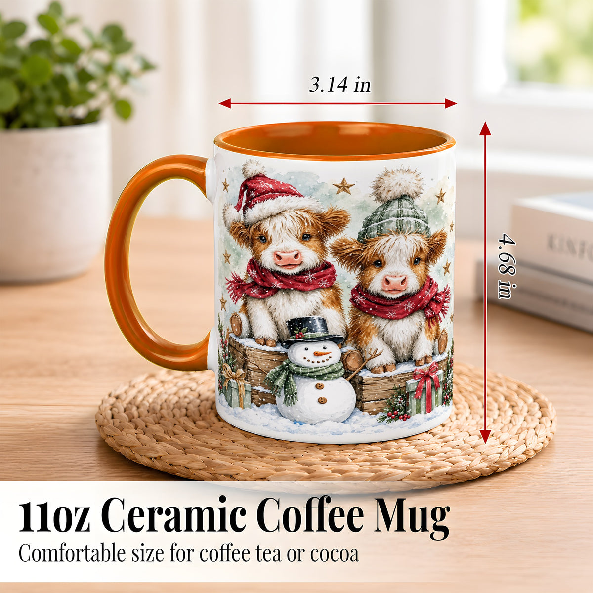 #pl[11oz|Orange] Christmas Highland Cow Coffee Mug, Winter Cow Mug, Ceramic Cup