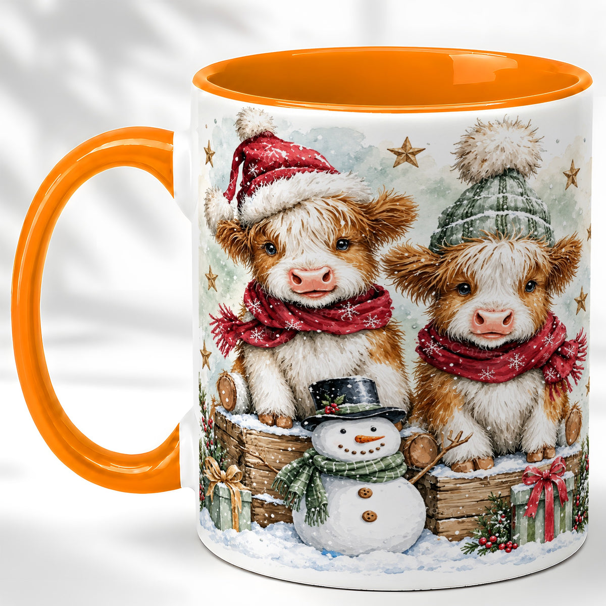 #pl[11oz|Orange] Christmas Highland Cow Coffee Mug, Winter Cow Mug, Ceramic Cup