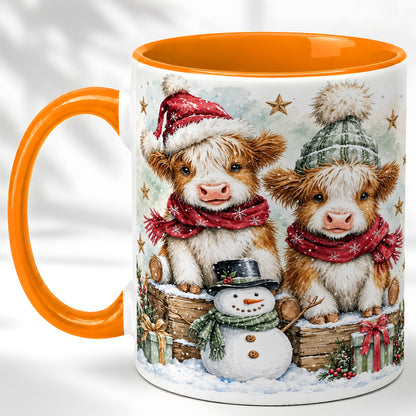 #pl[11oz|Orange] Christmas Highland Cow Coffee Mug, Winter Cow Mug, Ceramic Cup