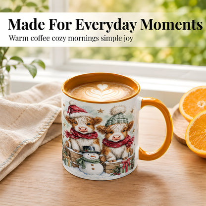 #pl[11oz|Orange] Christmas Highland Cow Coffee Mug, Winter Cow Mug, Ceramic Cup