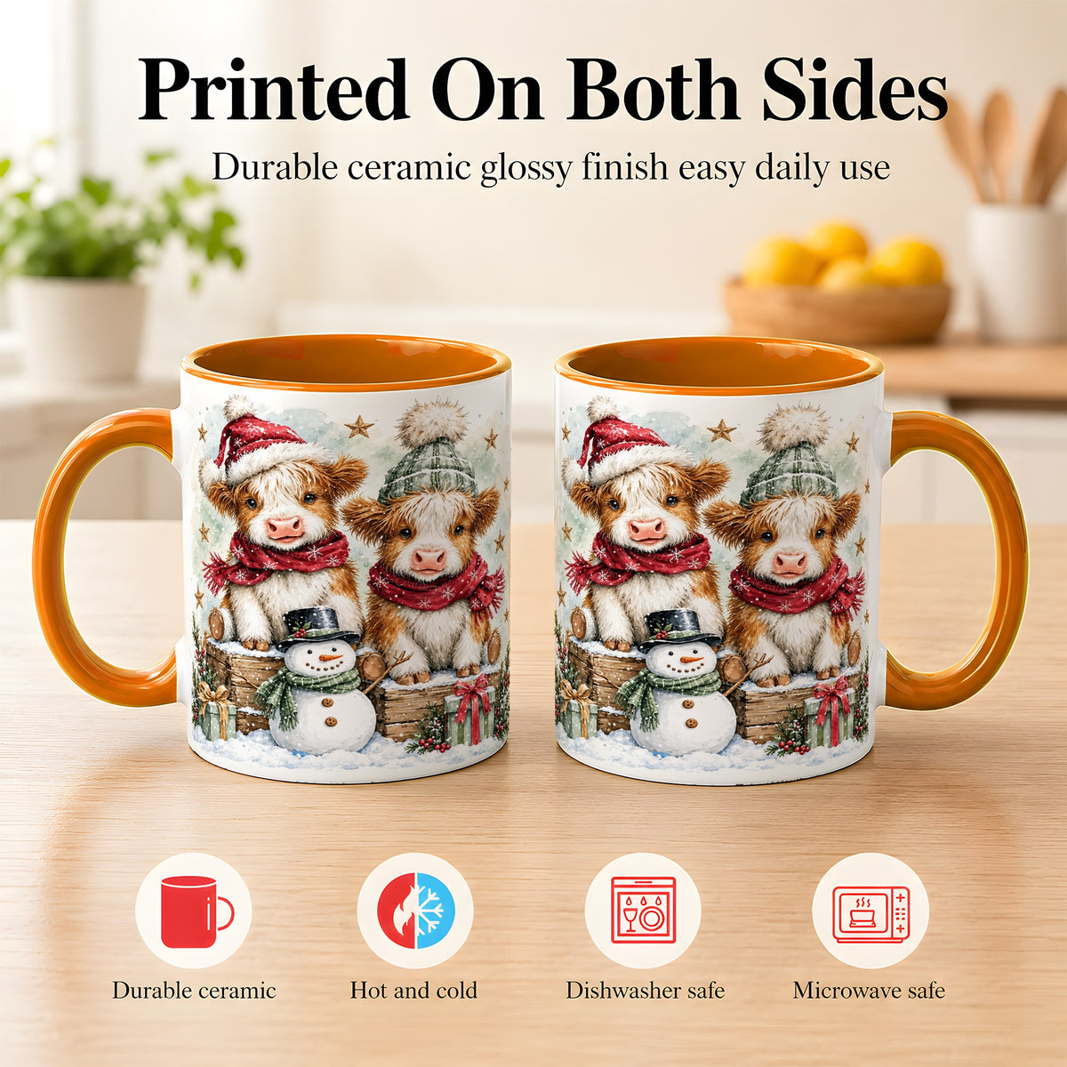 #pl[11oz|Orange] Christmas Highland Cow Coffee Mug, Winter Cow Mug, Ceramic Cup