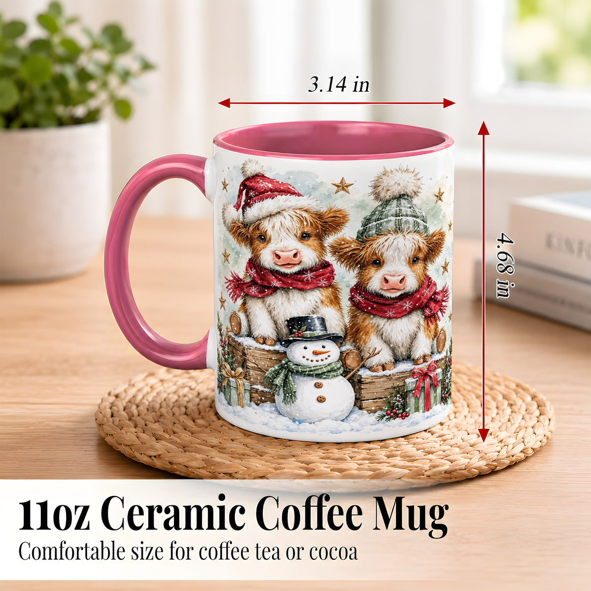 #pl[11oz|Pink] Christmas Highland Cow Coffee Mug, Winter Cow Mug, Ceramic Cup