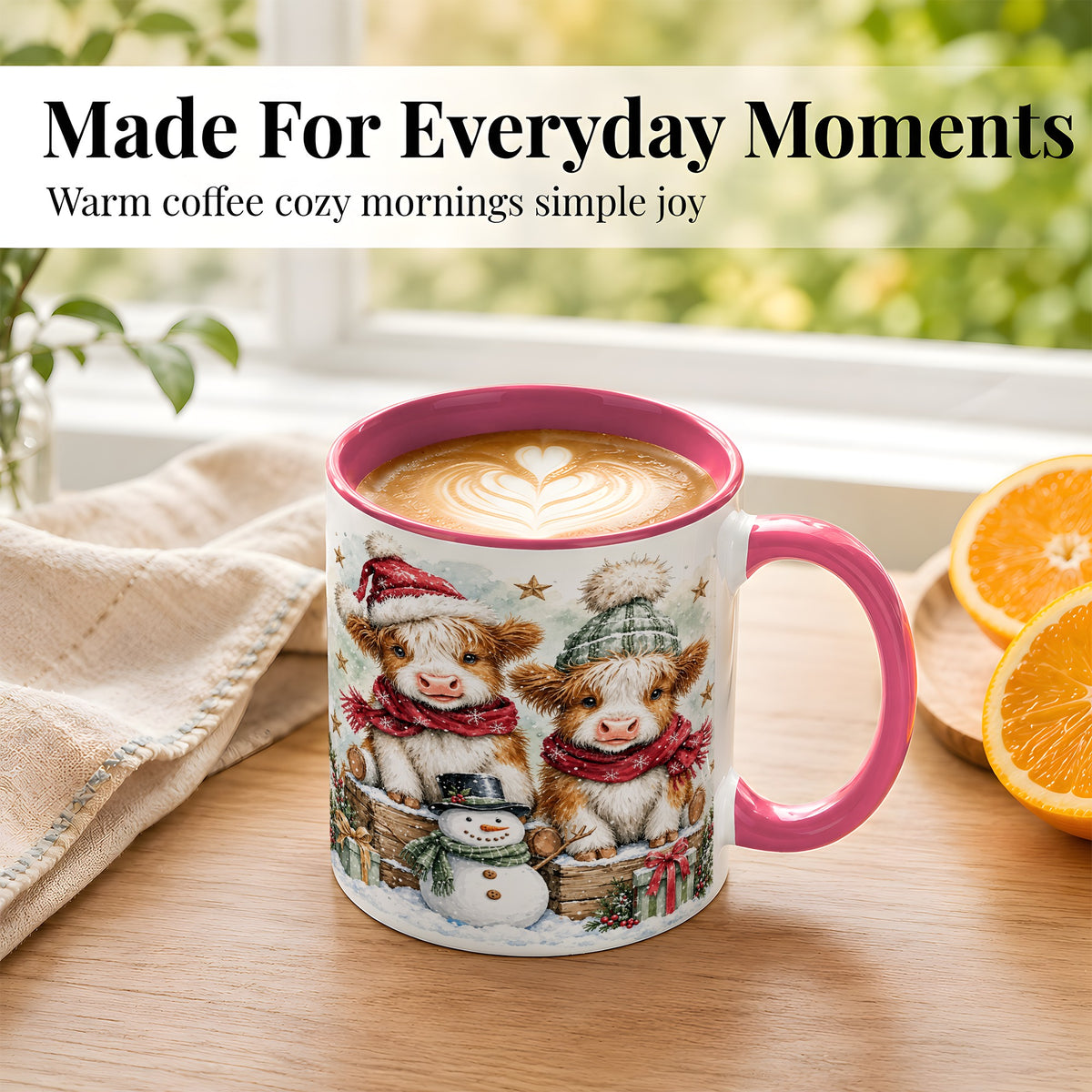 #pl[11oz|Pink] Christmas Highland Cow Coffee Mug, Winter Cow Mug, Ceramic Cup
