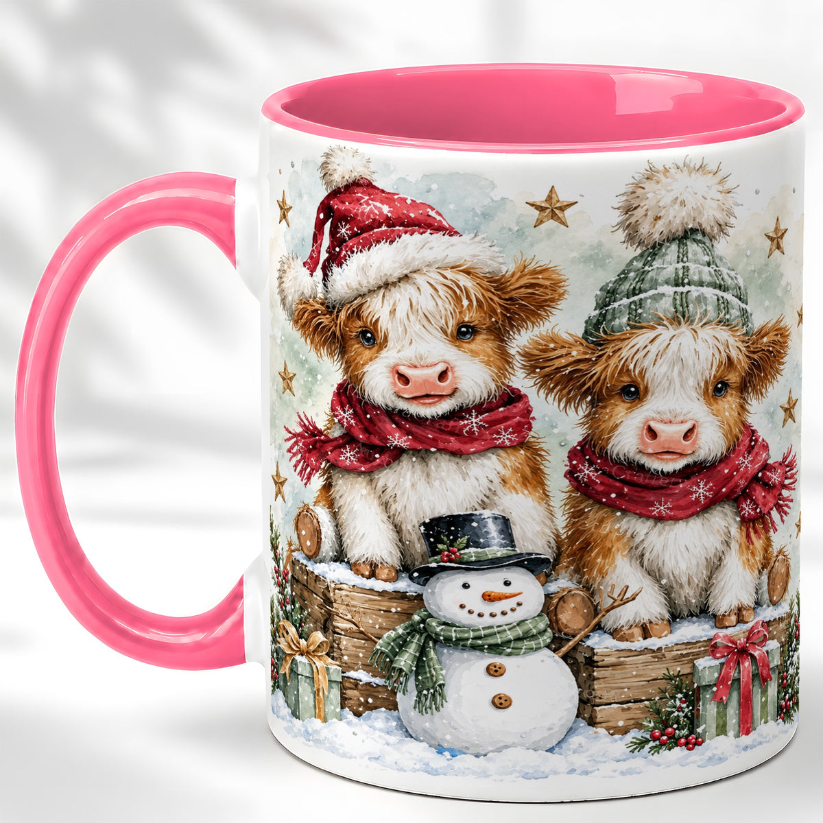 #pl[11oz|Pink] Christmas Highland Cow Coffee Mug, Winter Cow Mug, Ceramic Cup