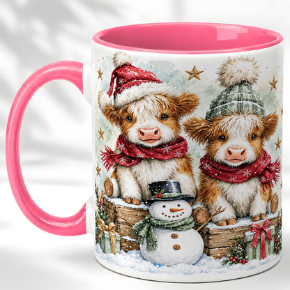 #pl[11oz|Pink] Christmas Highland Cow Coffee Mug, Winter Cow Mug, Ceramic Cup