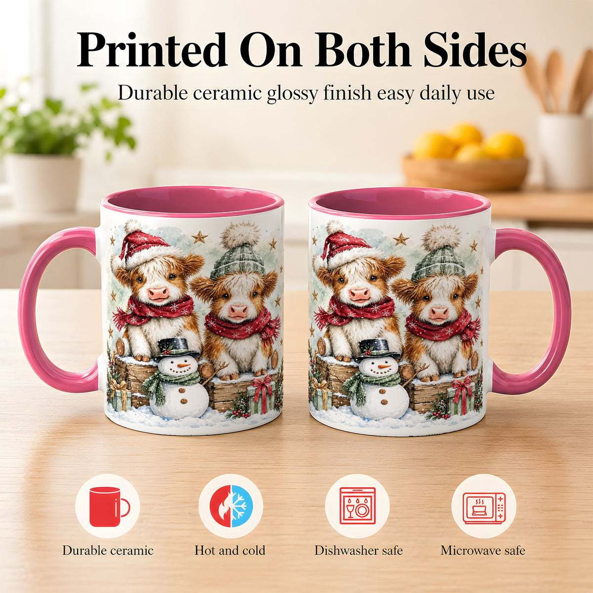 #pl[11oz|Pink] Christmas Highland Cow Coffee Mug, Winter Cow Mug, Ceramic Cup