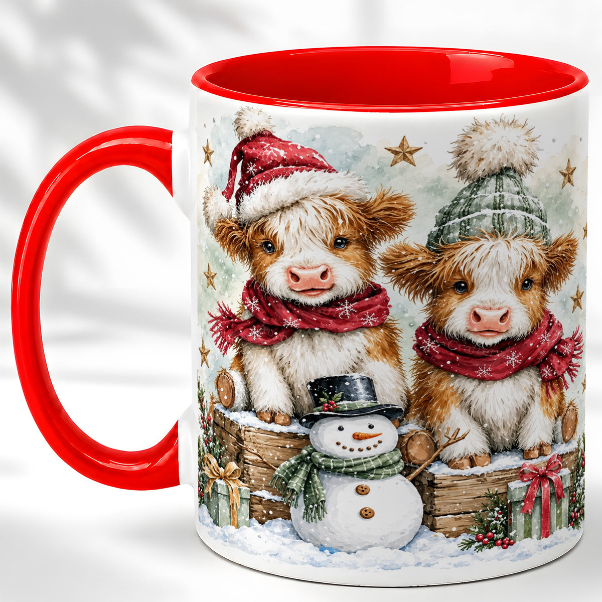 #pl[11oz|Red] Christmas Highland Cow Coffee Mug, Winter Cow Mug, Ceramic Cup