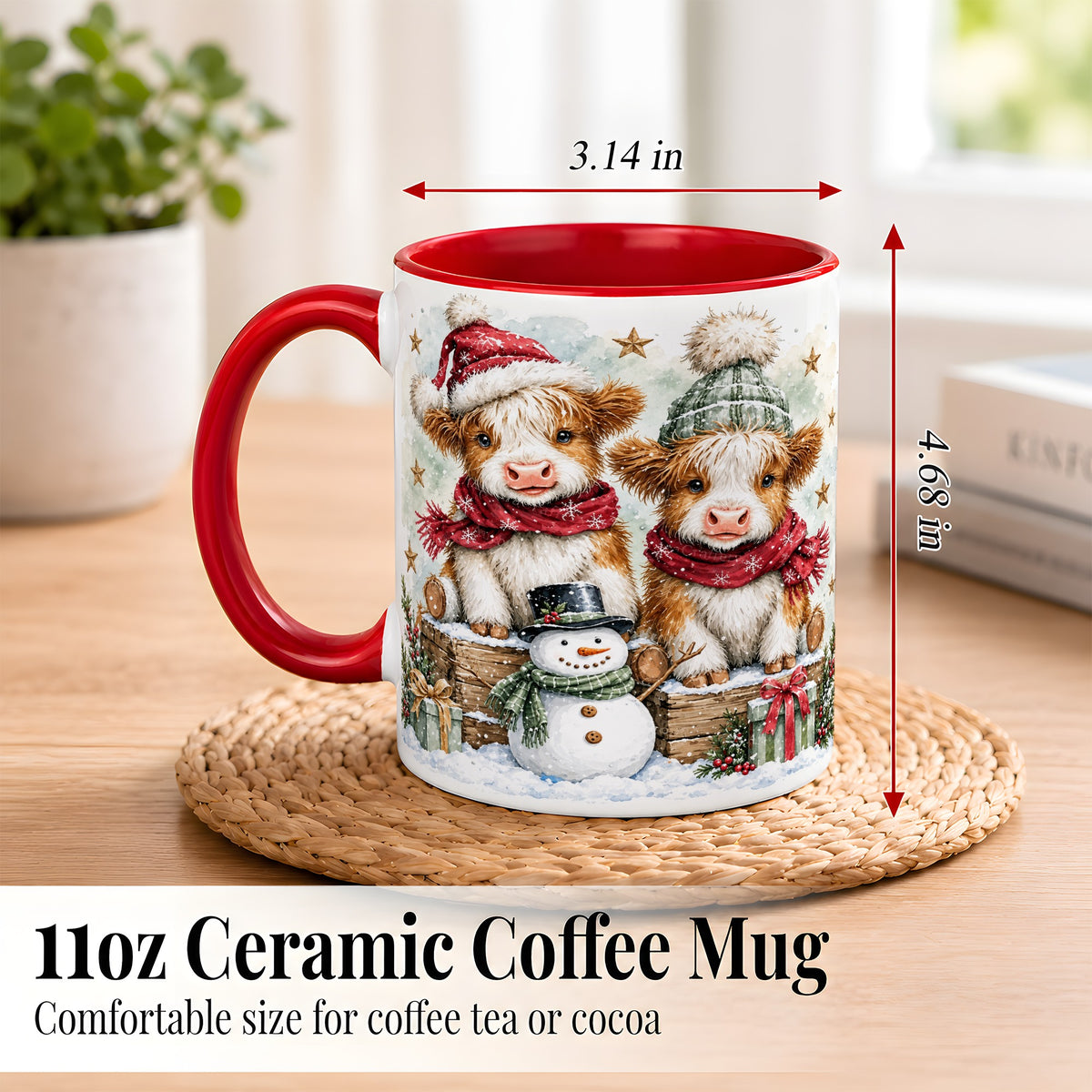 #pl[11oz|Red] Christmas Highland Cow Coffee Mug, Winter Cow Mug, Ceramic Cup