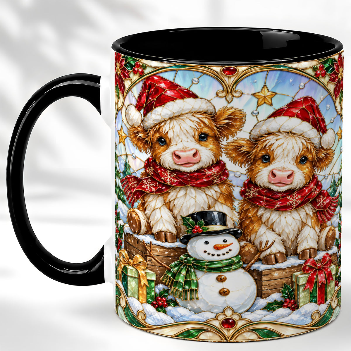 #pl[11oz|Black] Stained Glass Highland Cow Coffee Mug, Christmas Cow Mug, Ceramic Cup