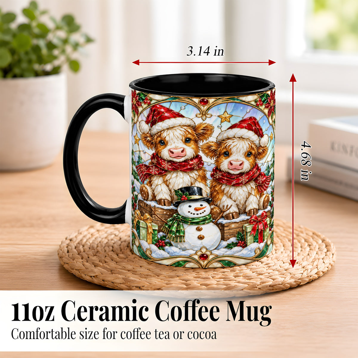 #pl[11oz|Black] Stained Glass Highland Cow Coffee Mug, Christmas Cow Mug, Ceramic Cup