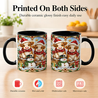 #pl[11oz|Black] Stained Glass Highland Cow Coffee Mug, Christmas Cow Mug, Ceramic Cup