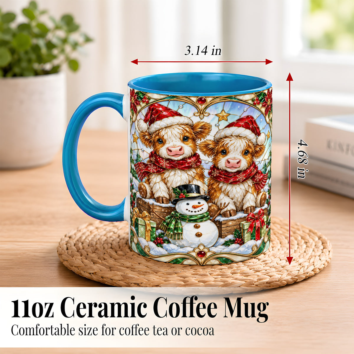 #pl[11oz|Blue] Stained Glass Highland Cow Coffee Mug, Christmas Cow Mug, Ceramic Cup