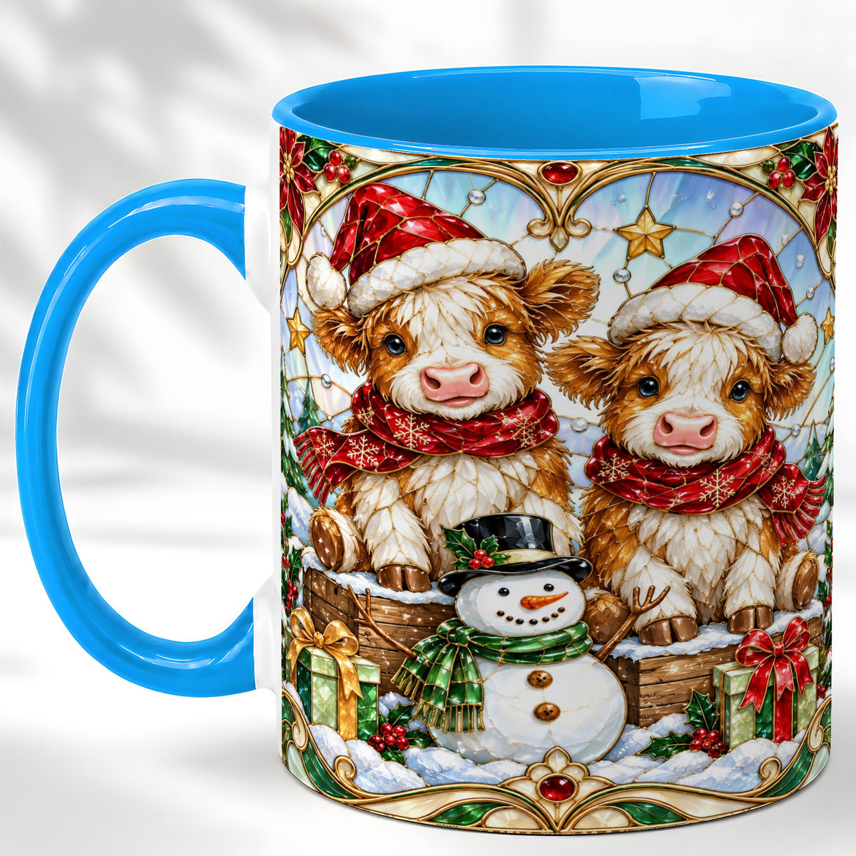 #pl[11oz|Blue] Stained Glass Highland Cow Coffee Mug, Christmas Cow Mug, Ceramic Cup