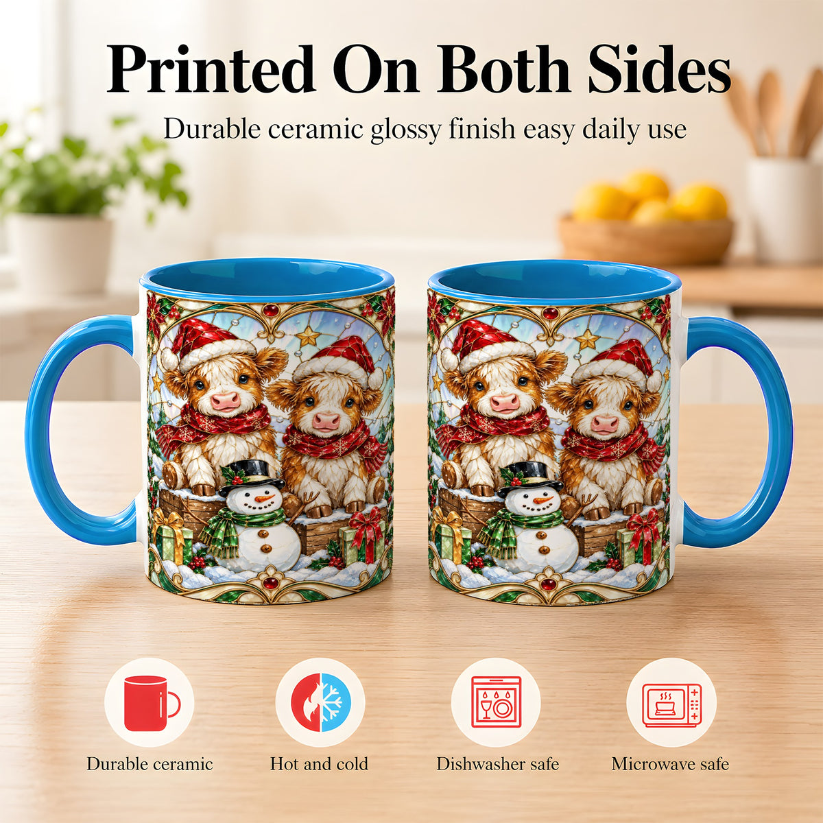 #pl[11oz|Blue] Stained Glass Highland Cow Coffee Mug, Christmas Cow Mug, Ceramic Cup