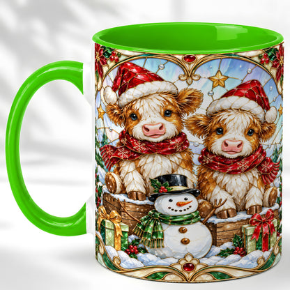 #pl[11oz|Green] Stained Glass Highland Cow Coffee Mug, Christmas Cow Mug, Ceramic Cup