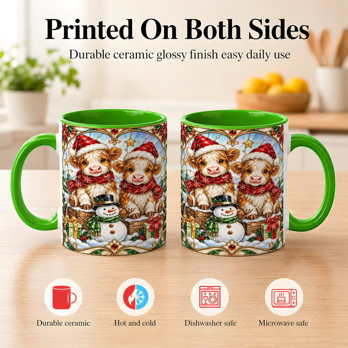 #pl[11oz|Green] Stained Glass Highland Cow Coffee Mug, Christmas Cow Mug, Ceramic Cup