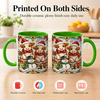 #pl[11oz|Green] Stained Glass Highland Cow Coffee Mug, Christmas Cow Mug, Ceramic Cup
