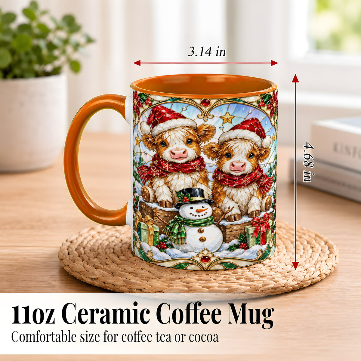 #pl[11oz|Orange] Stained Glass Highland Cow Coffee Mug, Christmas Cow Mug, Ceramic Cup