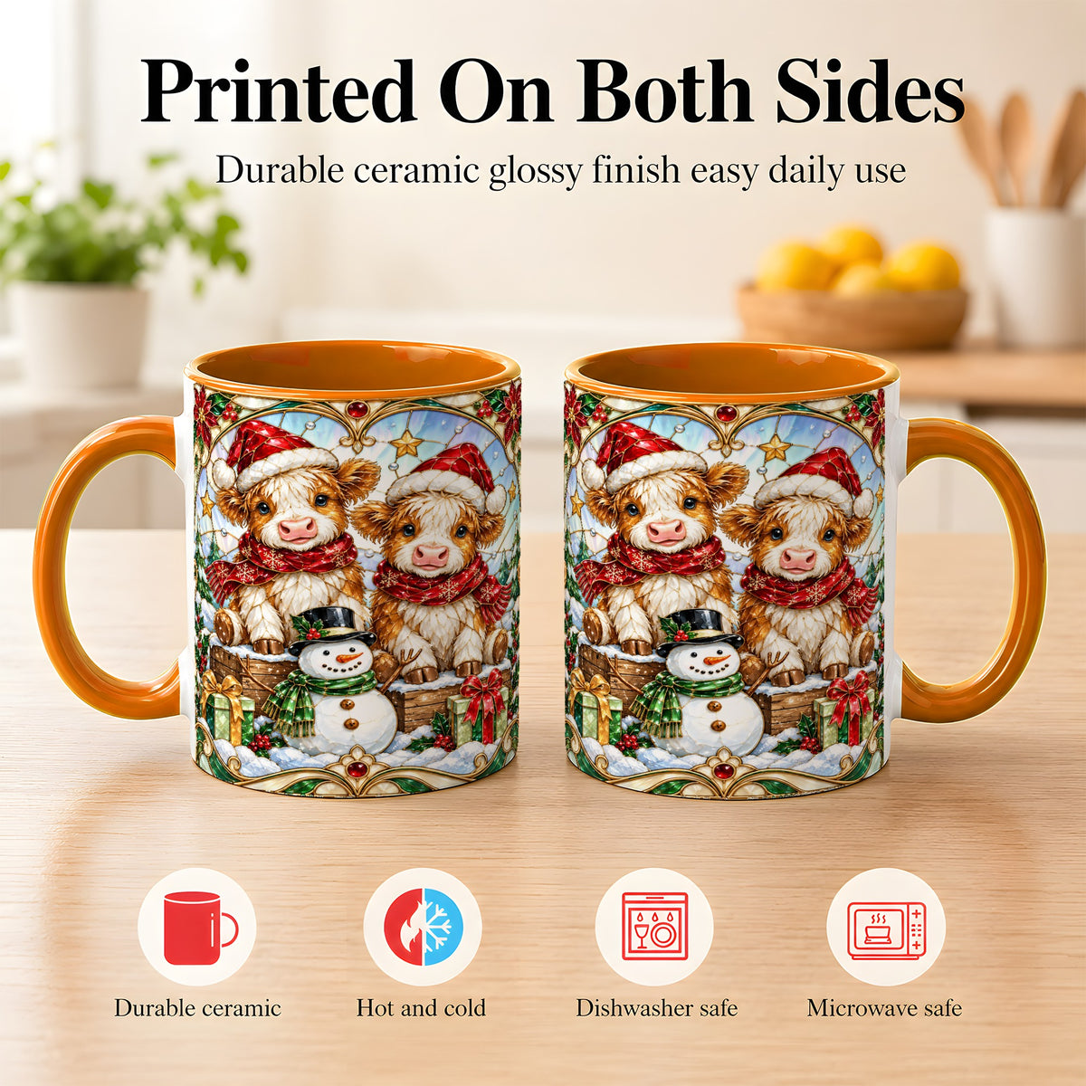 #pl[11oz|Orange] Stained Glass Highland Cow Coffee Mug, Christmas Cow Mug, Ceramic Cup