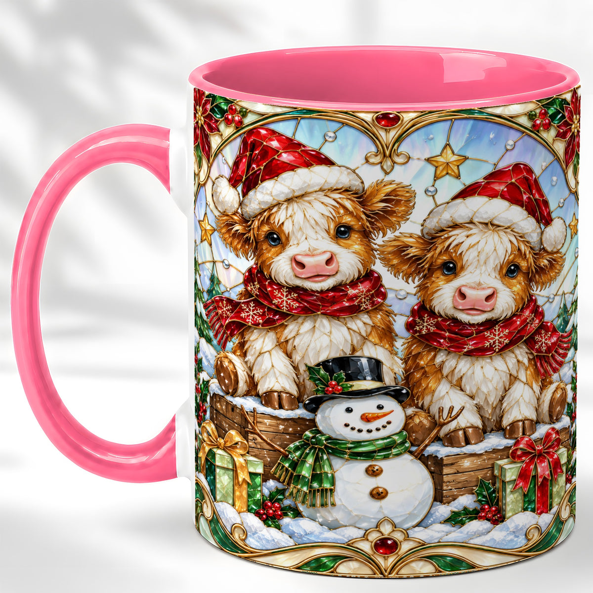 #pl[11oz|Pink] Stained Glass Highland Cow Coffee Mug, Christmas Cow Mug, Ceramic Cup