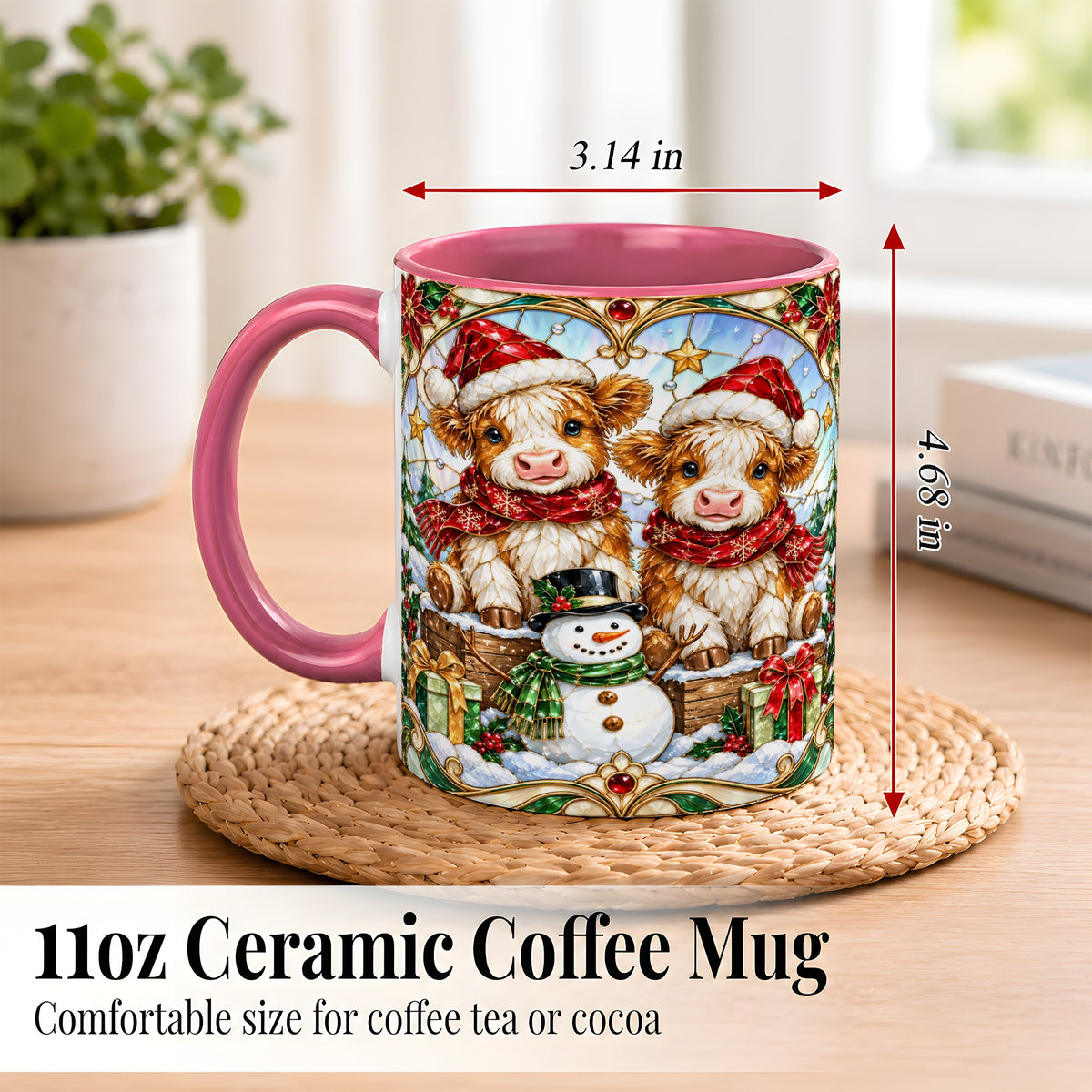 #pl[11oz|Pink] Stained Glass Highland Cow Coffee Mug, Christmas Cow Mug, Ceramic Cup