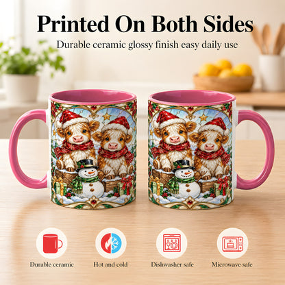 #pl[11oz|Pink] Stained Glass Highland Cow Coffee Mug, Christmas Cow Mug, Ceramic Cup