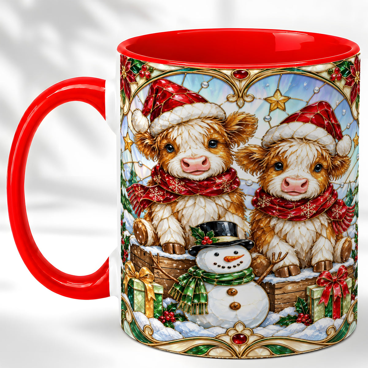 #pl[11oz|Red] Stained Glass Highland Cow Coffee Mug, Christmas Cow Mug, Ceramic Cup