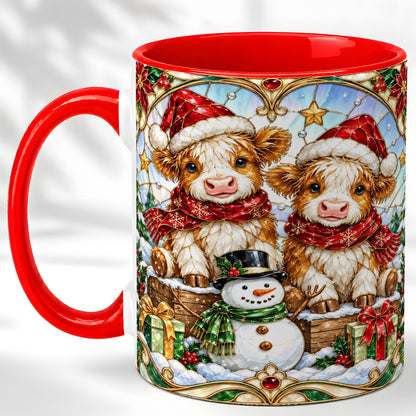 #pl[11oz|Red] Stained Glass Highland Cow Coffee Mug, Christmas Cow Mug, Ceramic Cup