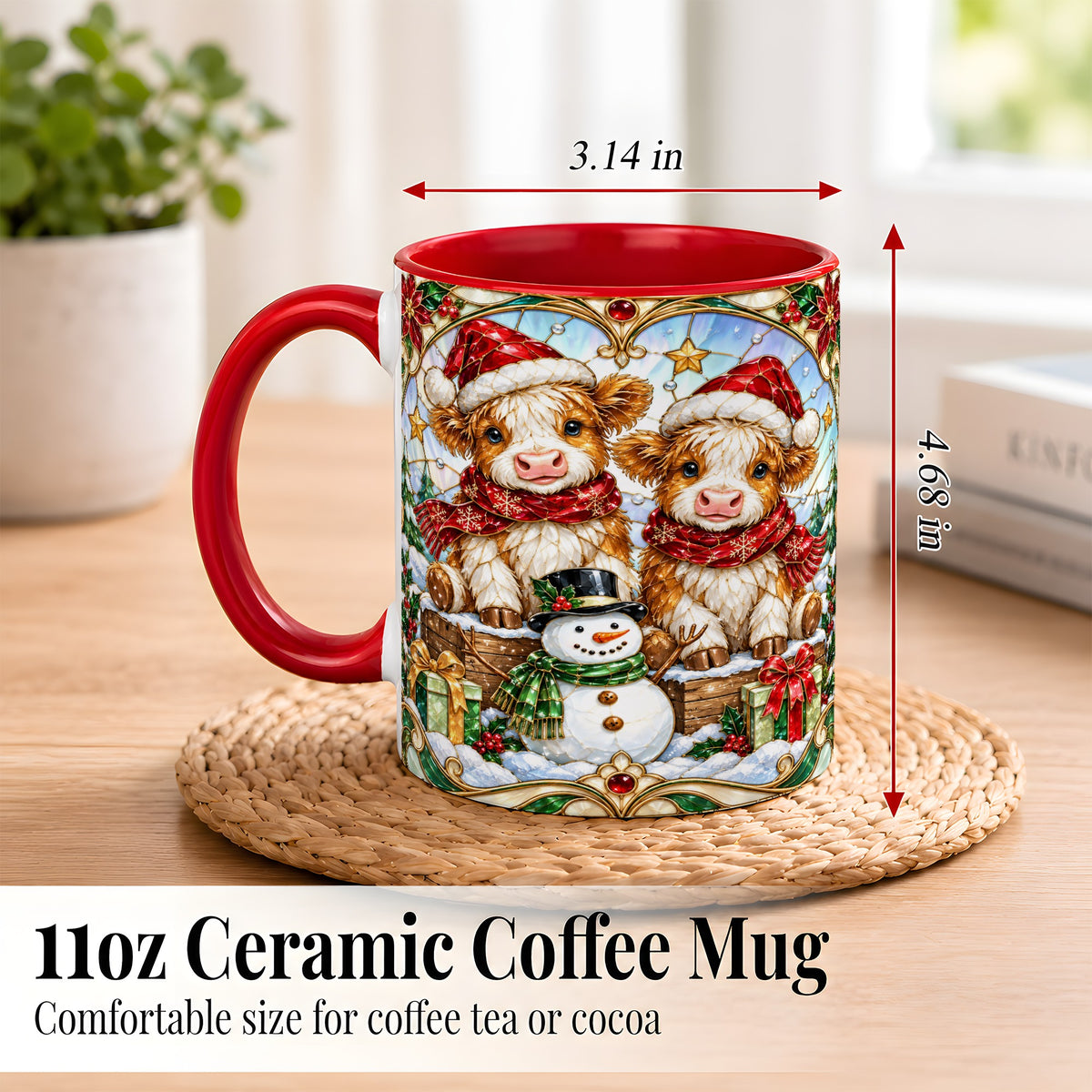 #pl[11oz|Red] Stained Glass Highland Cow Coffee Mug, Christmas Cow Mug, Ceramic Cup