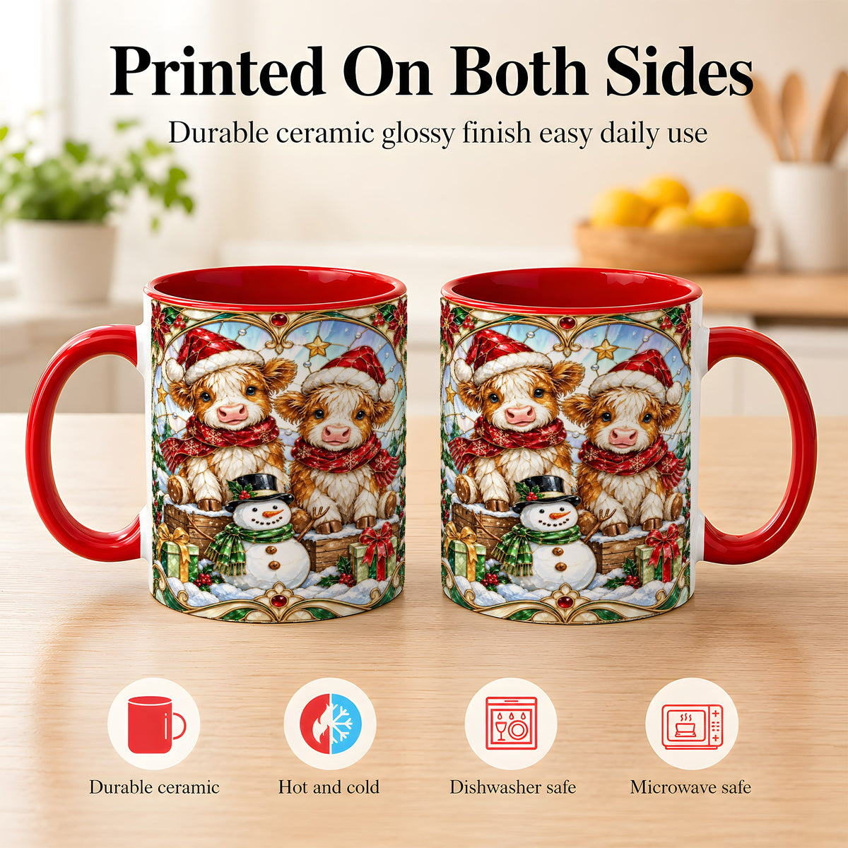 #pl[11oz|Red] Stained Glass Highland Cow Coffee Mug, Christmas Cow Mug, Ceramic Cup
