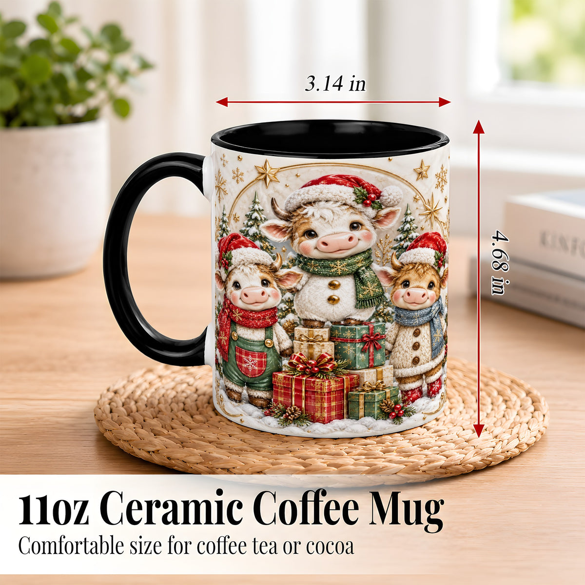#pl[11oz|Black] Cute Christmas Cow Coffee Mug, Festive Calf Mug, Ceramic Cup