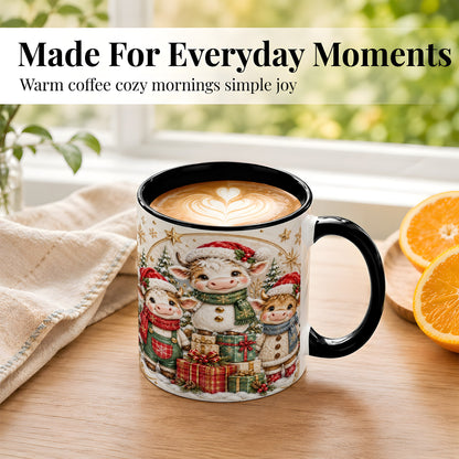 #pl[11oz|Black] Cute Christmas Cow Coffee Mug, Festive Calf Mug, Ceramic Cup