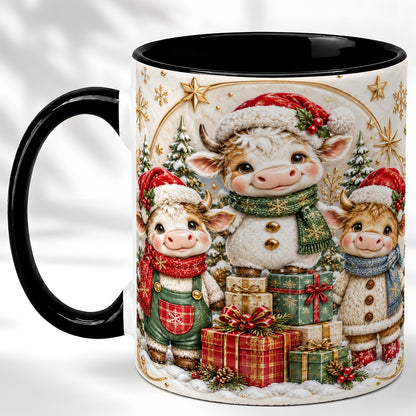 #pl[11oz|Black] Cute Christmas Cow Coffee Mug, Festive Calf Mug, Ceramic Cup