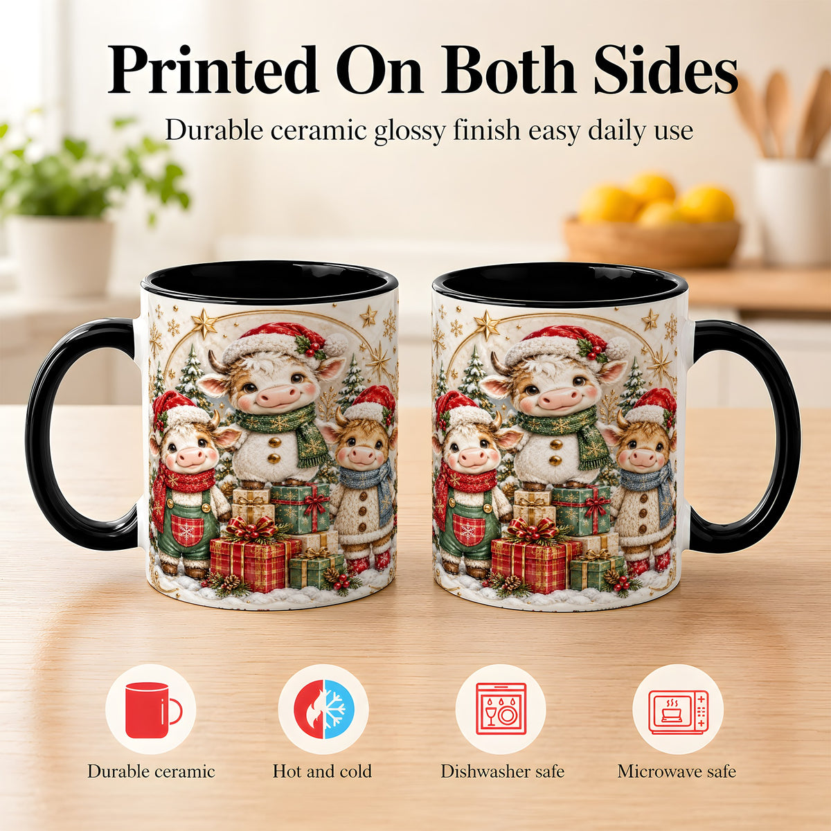 #pl[11oz|Black] Cute Christmas Cow Coffee Mug, Festive Calf Mug, Ceramic Cup