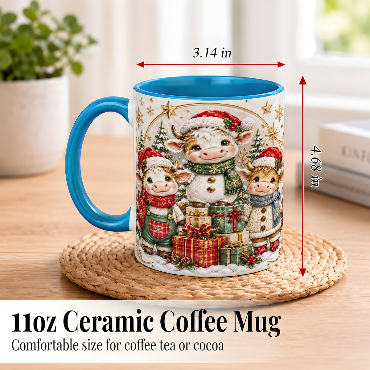 #pl[11oz|Blue] Cute Christmas Cow Coffee Mug, Festive Calf Mug, Ceramic Cup
