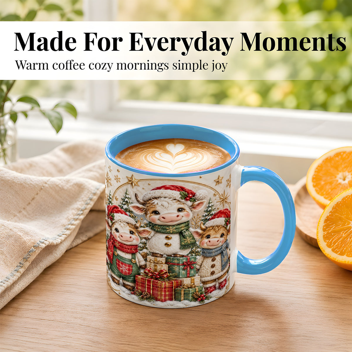 #pl[11oz|Blue] Cute Christmas Cow Coffee Mug, Festive Calf Mug, Ceramic Cup