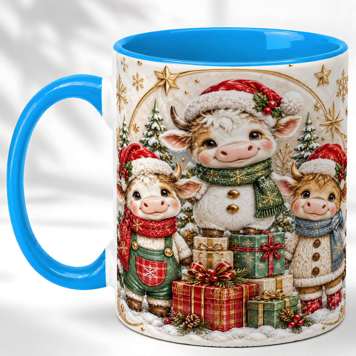 #pl[11oz|Blue] Cute Christmas Cow Coffee Mug, Festive Calf Mug, Ceramic Cup