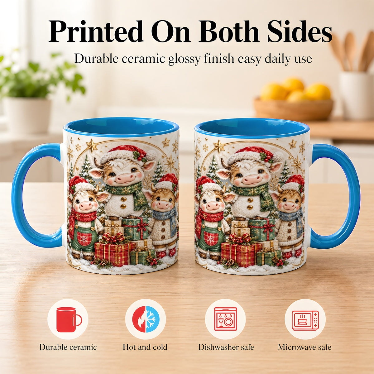 #pl[11oz|Blue] Cute Christmas Cow Coffee Mug, Festive Calf Mug, Ceramic Cup