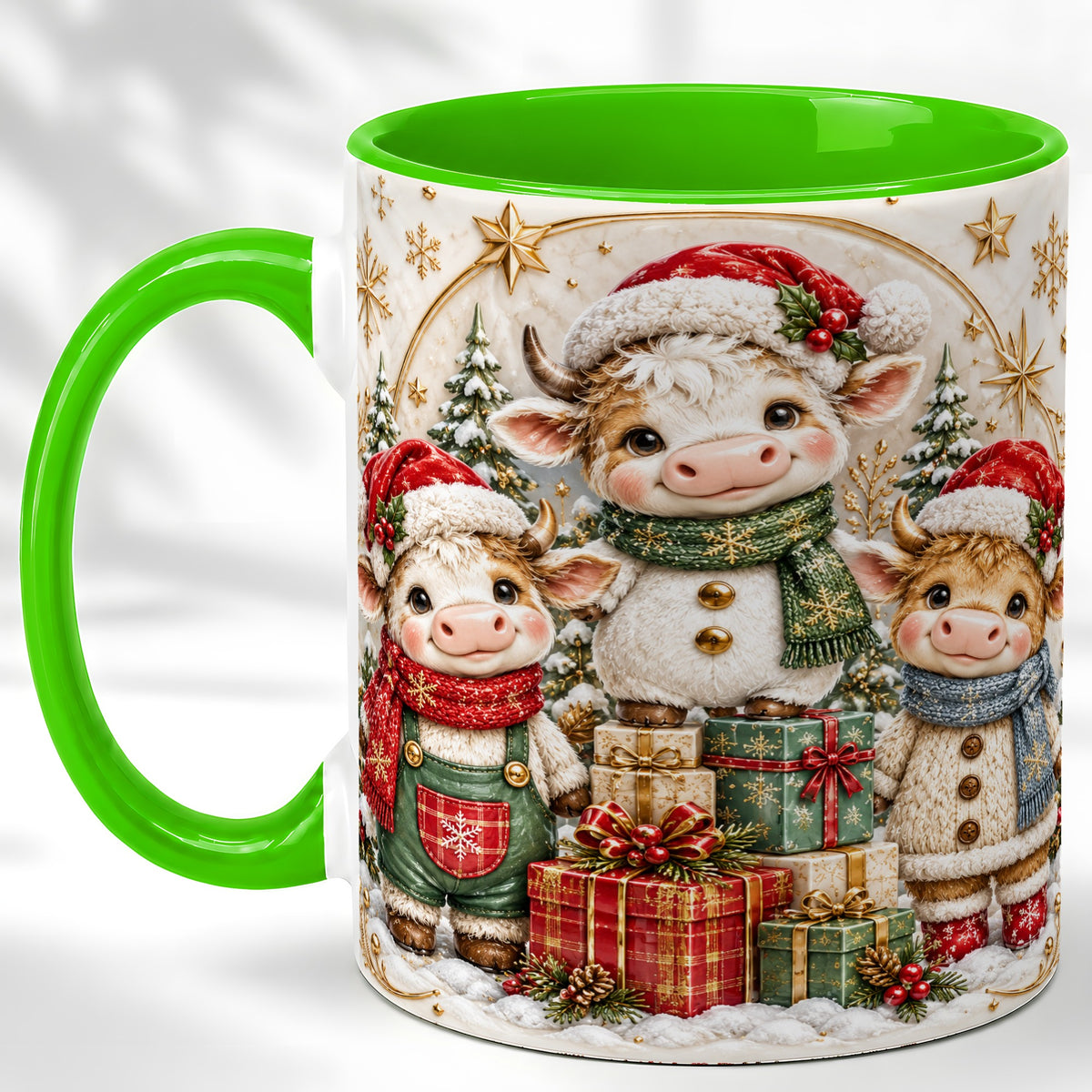 #pl[11oz|Green] Cute Christmas Cow Coffee Mug, Festive Calf Mug, Ceramic Cup