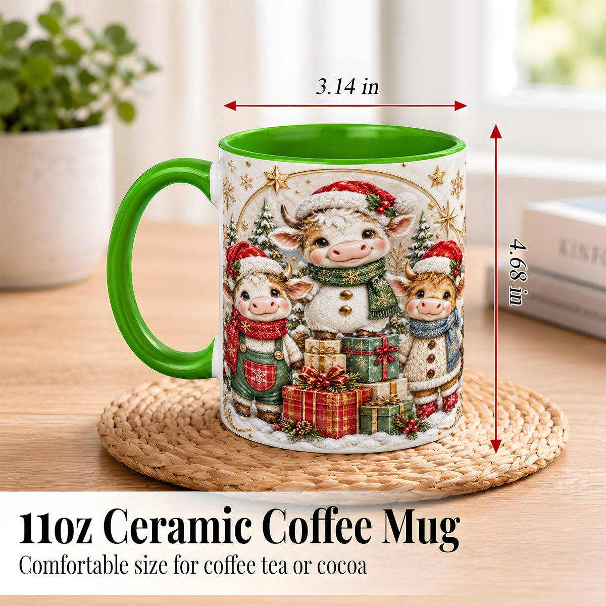 #pl[11oz|Green] Cute Christmas Cow Coffee Mug, Festive Calf Mug, Ceramic Cup