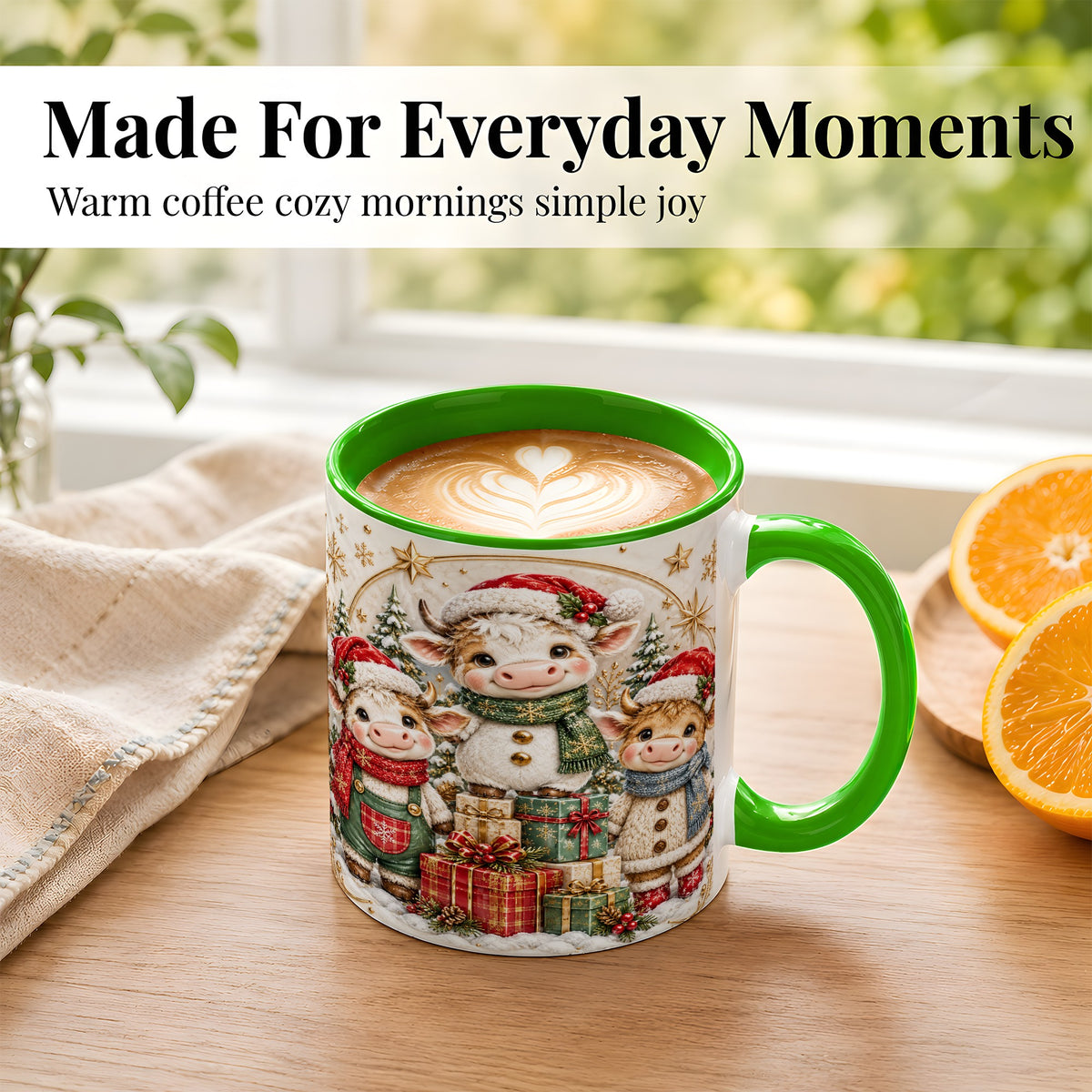 #pl[11oz|Green] Cute Christmas Cow Coffee Mug, Festive Calf Mug, Ceramic Cup
